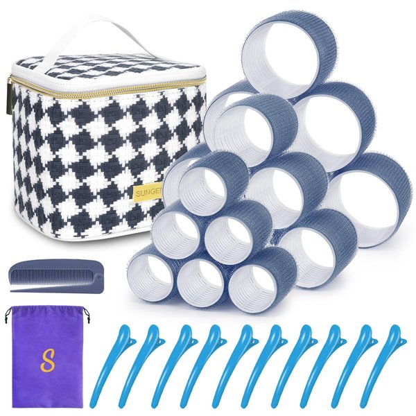 Hair Roller Set 18 pcs Heatless Self Grip Rollers With Clips and Comb, Salon Curlers for DIY Styles, 3 Navy blue Sizes in 1 Set by Sungenol