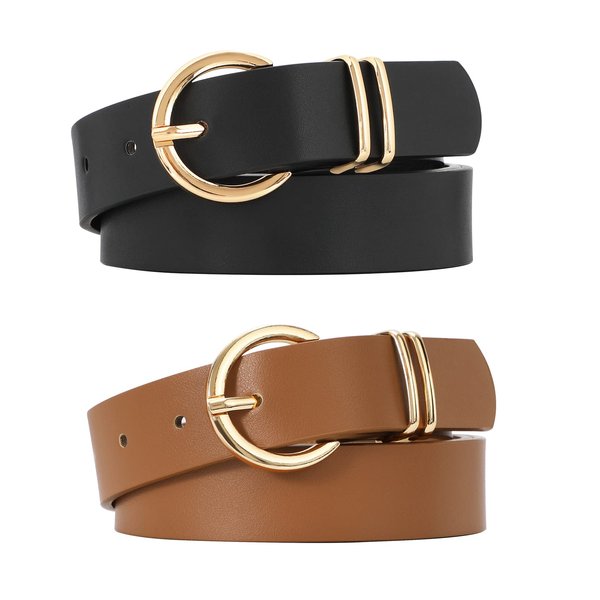 VONMELLI 2 Pack Women's Leather Belts for Jeans Pants Fashion Gold Buckle Ladies Belt Black Brown S