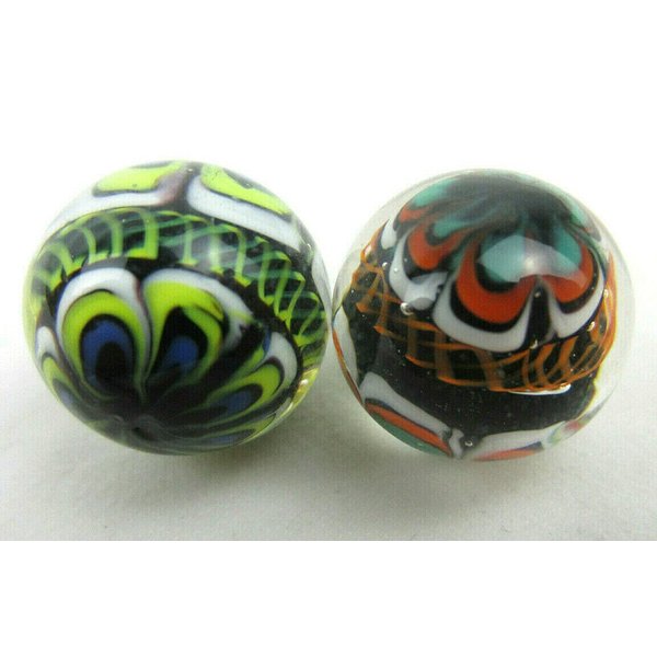 Big Game Toys ~Set of 2 RINKY-Dink 16mm Handmade Art Glass Marbles Orange Blue Green Lattice Design