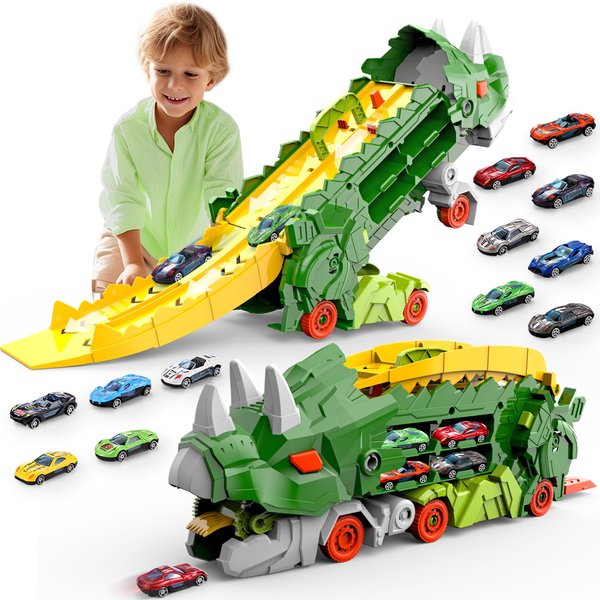 Intoypad Dinosaur Truck Toys for Kids, Transforms into Triceratops with Race Track Set, Ultimate City Dinosaur Transporter Hauler with 4 Cars, Birthday Gifts Toys for Boys 3 4 5 6 7 8 Years Old Green