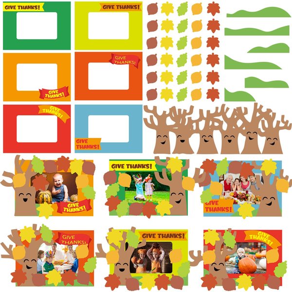 Domensi 24 Set Thanksgiving Craft for Kids Tree of Thanks Picture Frame Magnet Craft Kit with Magnet Picture Frame Tree of Thanks Leaves Cards DIY Craft for Thanksgiving Party Favors Family Dinner