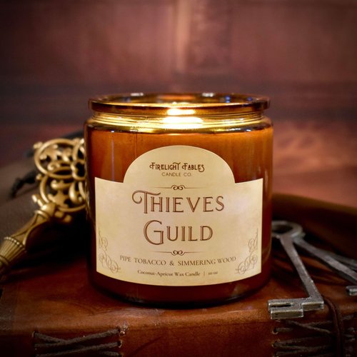 Fantasy & Tabletop RPG Candles, Handcrafted, Coconut-Apricot Wax, Wood Wick, Firelight Fables (10 oz Jar, Thieves' Guild)