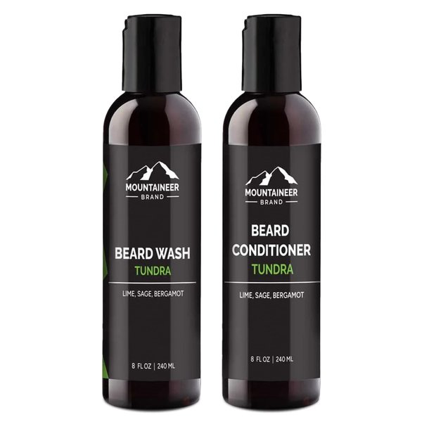 Mountaineer Brand Basic Beard Bundle | Beard Wash and Conditioner for Men | Beard Shampoo/Beard Conditioner Set | Deep Cleans | Leaves Hair Soft and Hydrated | Lime & Sage Scent | 2 Count | 8oz
