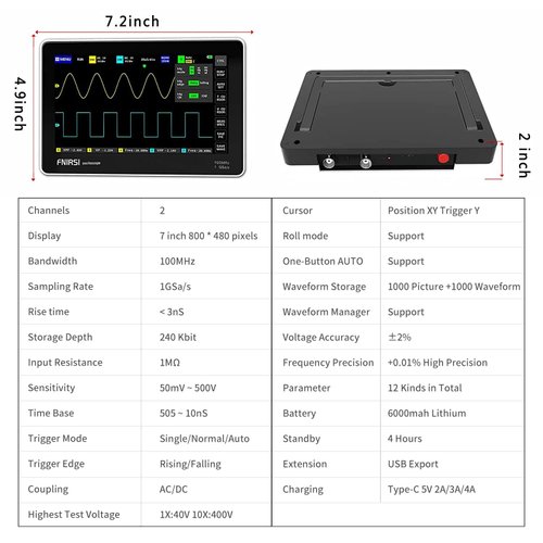 FNIRSI 1013D Oscilloscope - Handheld Tablet Oscilloscope, Portable Digital Storage Oscilloscope Kit 2 Channels 100Mhz Bandwidth 1GSa/s Sampling Rate 7" TFT LCD Touch Screen
