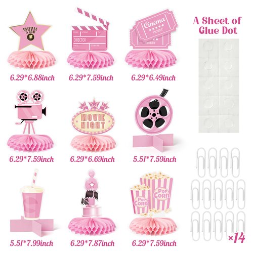 HoiSumma 9 Pcs Pink Movie Night Party Decorations Honeycomb Centerpieces Cute Popcorn Cinema Ticket Theater Film Themed 3D Table Topper Decor for Birthday Party Supplies Family Gatherings Baby Shower