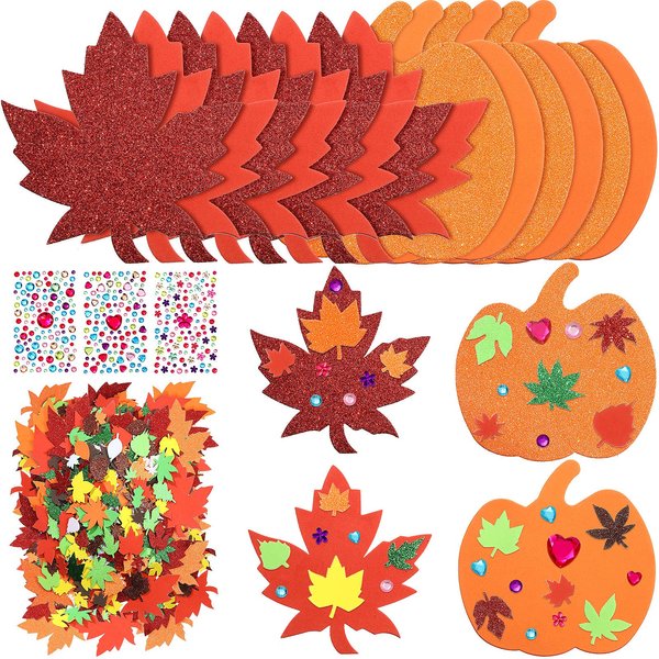 Skylety 224 Pieces Fall Maple Leaf Stickers Foam Pumpkins Stickers Maple Leaf Decal Autumn Leaf Pumpkins Glitter Stickers with 390 Pieces Jewels Stickers for Thanksgiving Kids Art Party Decoration