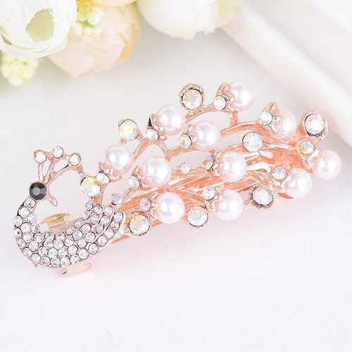 Womens Barrettes Women Girls Fashion Crystal Simulated Pearl Peacock Barrettes Hairpins Elegant Animal Hair Clips Gold-color