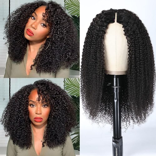 UNICE V Part Kinky Curly Wigs Human Hair Glueless No Leave Out Upgrade U part Wigs Afro Kinky Curly V Shape Human Hair Wig with Clips No Sew in 150% Density Natural Black Color 14 inch