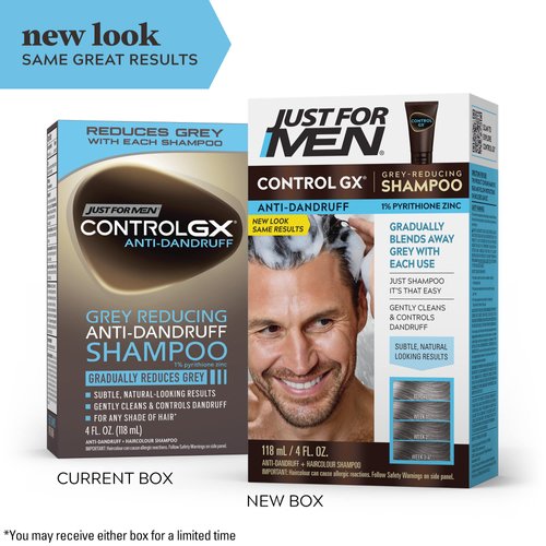 Just For Men Control GX Grey Reducing Anti-Dandruff Shampoo, Gradual Hair Color, Controls Dandruff with Zinc Treatment, 4 Fl Oz - Pack of 3 (Packaging May Vary)