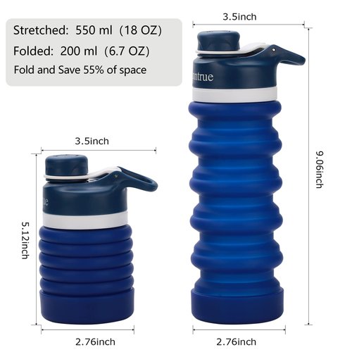 Anntrue Collapsible Water Bottle Food-Grade Silicone Portable Leak Proof Travel Water Bottle, 18oz(Navy Blue)