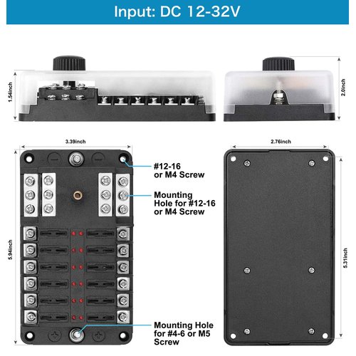 12 Volt Fuse Block, Marine Boat Fuse Block Waterproof 12 Way Automotive Fuse Box with 12 Ground Negative Busbar [100 Amp Max] [ATC/ATO Fuses] [LED Indicator] for Car RV Truck Golf Cart