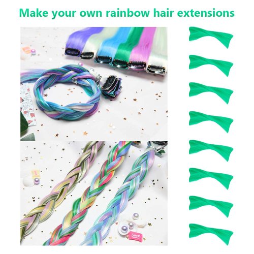 TOFAFA 16 Pcs Colored Hair Extensions Curly Wavy Clip in Synthetic Hairpiece Streak for Girls Women Kids, Multi-colors St. Patrick's Day Party Highlights Cosplay Festival Gift(Green)