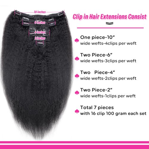 Lysilf Kinky Straight Clip in Hair Extensions Real Human Hair 7Pcs Brazilian Clip in Human Hair Extensions for Women with 16 Clips Lace Weft 90g (16inch, Natural Black)