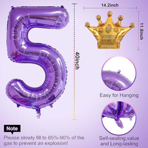 Purple 5 Balloon 40 Inch,Giant Number 5 Balloon & Mini Crown Balloon Set for Girl Boy 5th Birthday Party Decorations,Purple Birthday Party Decorations Supplies Birthday Digital Balloon