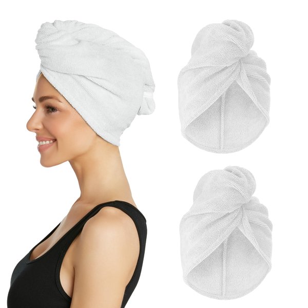 Turbie Twist Extra Long Microfiber Hair Towel Wrap for Women and Men | 2 Pack | Bathroom Essential Accessories | Quick Dry Hair Turban for Drying Curly, Long & Thick Hair (White, White)