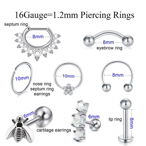 16G Ear Piercing kit, Disposable Piercing Forceps Septum Clamps with 16G Piercing Needles Set Surgical Stainless Steel Silver Eyebrow Cartilage Earrings Septum Lip Nose Septum Ring
