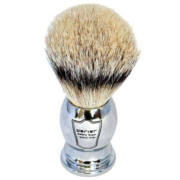 Parker 100% Silvertip Badger Bristle Shaving Brush–Chrome Handle with 3-Band-Silvertip Badger Hair Bristles – Extra Dense and Soft Bristles –Parker Shaving Brush Stand Included