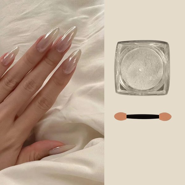 White Pearl Chrome Nail Powder, High Gloss Glitter Nail Art, White Nail Powder Ice Aurora Dust Nail Powder for Manicure Decorations