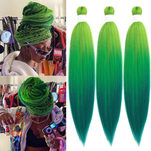 Green Ombre Braiding Hair Pre Stretched Kanekalon Knotless Prestretched Braiding Hair 26 inch Colored Hair Extensions for Braiding Pre Stretched Micro Braids Itch Free Yaki Short Braiding Hair Ombre