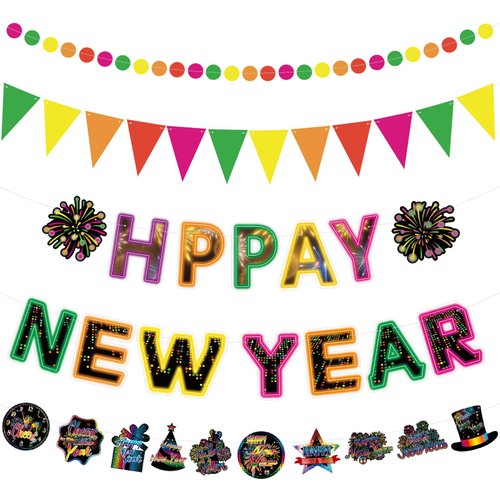 TaoBary 5 Pcs Happy New Year Banner Neon Happy New Year Garland Banner Glow in the Dark New Years Eve Party Decorations Neon Glow Party Supplies for 2025 New Year Party