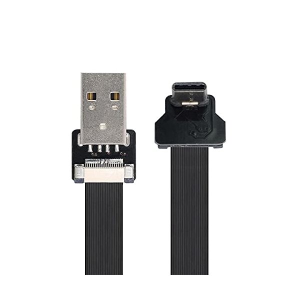NFHK Up Down Angled USB 2.0 Type-A Male to USB-C Type-C Male Data Flat Slim FPC Cable for FPV & Disk & Phone 50CM