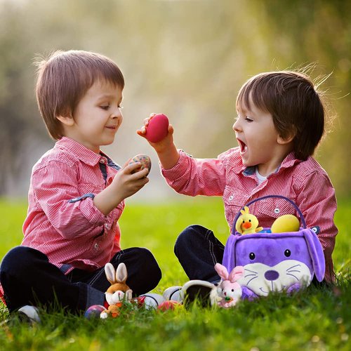 Easter Bunny Basket with 3 Rabbit Duck Keychains 1 Ears, Cute Plush handle for Baby Girls Boys Party Favors, Gifts bag Hunt Bag, Decorations Supplies