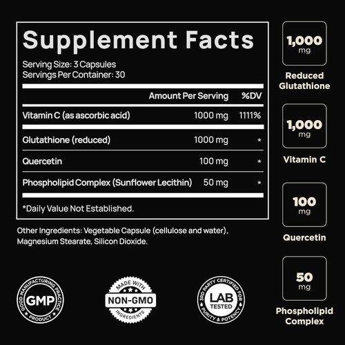 ELMNT 2150mg Super Antioxidant Liposomal Glutathione Supplement w. Vitamin C, Quercetin & Reduced L Glutathione 1000mg - Proven Complex for Best Absorption, Detox, Skin Glow + Immune - 90 Pills