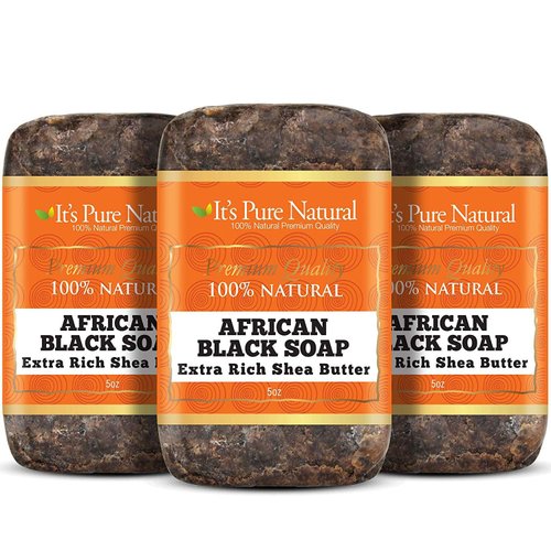 It's Pure Natural African Black Soap Bars with Extra Rich Shea Butter (Pack of 3) Organic Raw Soap for Face & Body, Acne Treatment & Dark Spot Remover [Made in Ghana]