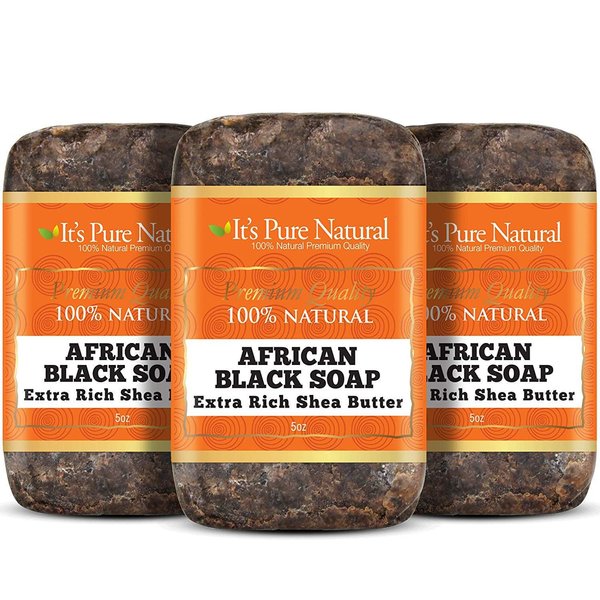 It's Pure Natural African Black Soap Bars with Extra Rich Shea Butter (Pack of 3) Organic Raw Soap for Face & Body, Acne Treatment & Dark Spot Remover [Made in Ghana]