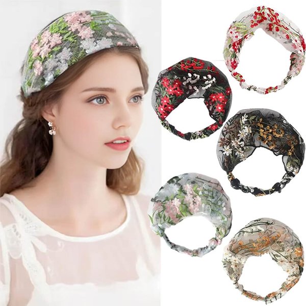IMMER LIEBEN Wide Lace Headbands for Women 5 Pcs Fashion Embroidery Floral Elastic Hairband, Thin Comfortable and Breathable Hair Accessories for Ladies, Girls and Women