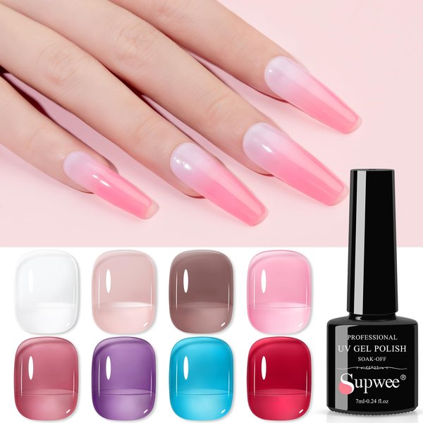 SUPWEE Jelly Gel Polish Set - 8 Colors Sheer Milky White Pink Translucent Nail Polish Gel French Manicure Soak Off UV/LED Gel DIY at Home Professional Nail Salon Kit 7ML(0.24FL OZ)