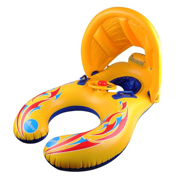 Kalolary Inflatable Baby Swimming Ring, Mommy and Baby Parent-Child Double Person Inflatable Float Seat Swimming Boat with Removable Sun Canopy for Baby and Mom Swim Ring Summer Pool Supplies