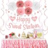 KOKAR Sweet 16 Party Decorations – Rose Gold Happy Sweet Sixteen Birthday Banner, Paper Pom Poms, Hanging Swirls and Glitter Circle Dots Garland for 16th Birthday Decorations