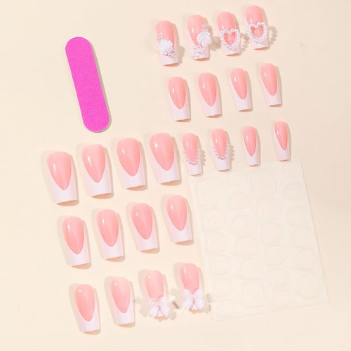 Mkwntg French Tip Press on Nails Medium Square Fake Nails Full Cover Coffin False Nails with 3D Bow Flower Design Glossy White French Tip Stick on Nails Rose Pearl Acrylic Nails for Women Girls 24Pcs