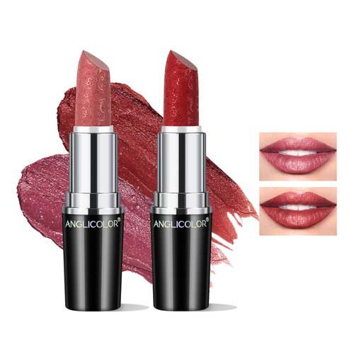 Anglicolor 2pcs Glitter Lipstick High Impact Lipcolor,Pink and Red Lipstick Moisturizing Creamy Formula,Metallic Lipstick For Women For Vegan & Cruelty-Free,Full-Coverage Lip Color