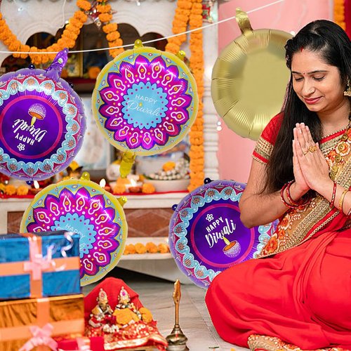 5PCS Diwali Decorations Diwali Balloons Happy Diwali Rangoli Party Decorations Diwali Foil Balloons for Indian Themed Deepavali Festival of Lights Party Decoration Supplies