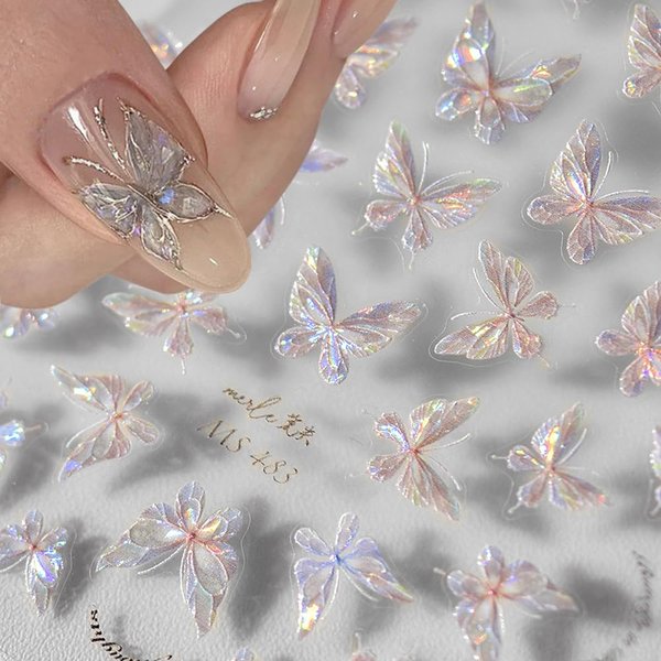 Shining Aurora Shell Butterfly Nail Stickers,3D Relief Butterflies Nail Art Stickers Pink Laser Butterfly Nail Design Nail Decals For Women Manicure Nail Decorations Nail Art Supplies Nail Accessories