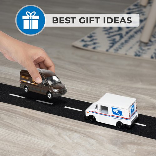 Road Tape Diecast Toy Trucks Set- Reusable, Realistic Road Tape, UPS Sprinter Van, and United States Postal Mail Truck- Pullback Truck Toys with Detailed Interior, Moveable Openable Door