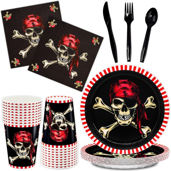 DYLIVeS Pirate Party Supplies, Pirate Crossbone Birthday Party Decorations for Kids Boys Pirate Skull Disposable Tableware Skeleton, Includes 9" Pirate Paper Plates Napkins Cups Cutlery, Serves 24