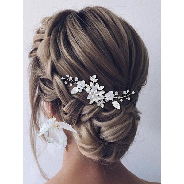 Easedaily Flower Bride Wedding Hair Pin Silver Leaf Crystal Bridal Hair Piece Rhinestone Hair Accessories for Women and Girls