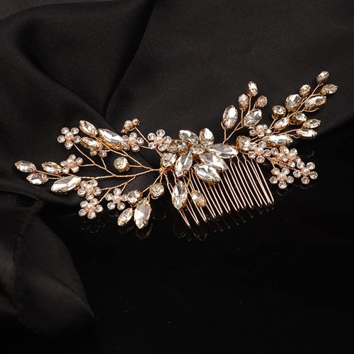 Teyglen Rhinestone Flower Bride Wedding Hair Comb Headband Crystal Hair Pieces Headpieces with Rhinestones Hair Accessories Handmade Bridal Side Hair Combs for Women Bride Girls (Rose gold)