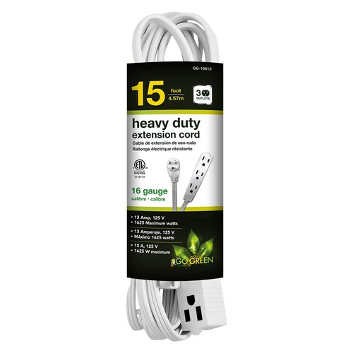 Go Green Power 15' Extension Cord, 3-Outlet, 16 AWG, White (GG-19615)
