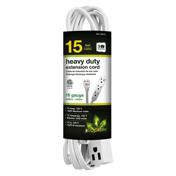 Go Green Power 15' Extension Cord, 3-Outlet, 16 AWG, White (GG-19615)