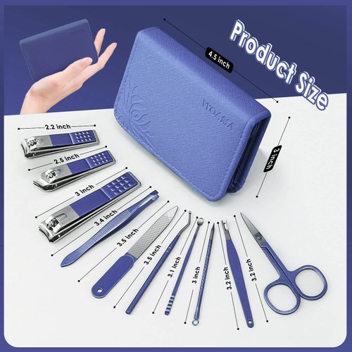 WOAMA 10 in 1 Manicure Set Travel Nail Clipper Set Mini Pedicure Kit Manicure Set Professional Nail Kit for Fingernail Toenail - Blue