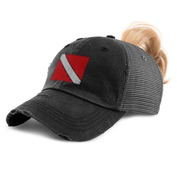 Speedy Pros Womens Ponytail Cap Sport Scuba Diving Flag Embroidery Cotton Messy Bun Distressed Trucker Hats Strap Closure Black Design Only