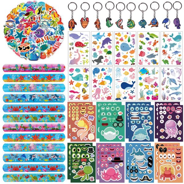 108 Pcs Under the Sea Party Favors for Boys Girls Ocean Party Supplies with Ocean Animals Slap Wristbands, Keychains, Make a Face Stickers, Tattoos Stickers and Stickers for Kids Decoration Gifts