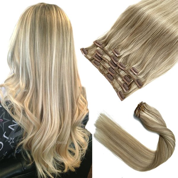 Clip in Hair Extensions,Ash Blonde Balayage Blonde Hair Extensions Real Human Hair Clip ins,18 Inch 7 Pieces 70G Double Weft Hair Extensions Human Hair Clip ins Extensions