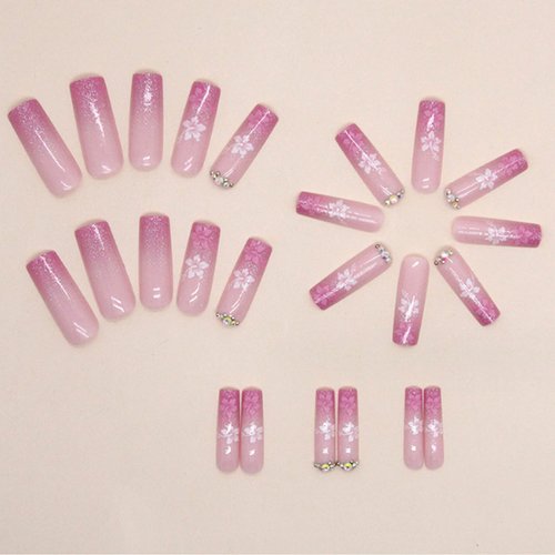 Hkanlre Pink Press on Nails Square Long Fake Nails Tips Full Cover Gradient False Flower Nails for Women and Girls 24PCS