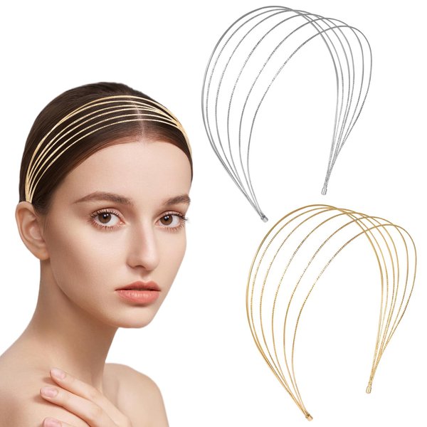 Gwabee Multi Layers Headbands for Women, Thin Metal Headband, 2 PCS Non Slip Row Wire Head Band, Elegant Hair Band for Girls Hair Hoop, Elastic Hairband Hair Accessories for Women, Gold and Silver