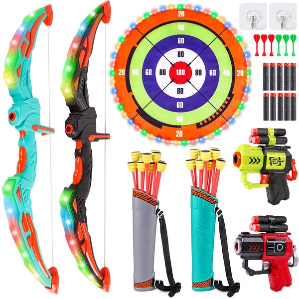 2 Pack Kids Bow and Arrow Set Toy for Ages 4-6 8-12 Boys Archery Set with LED Light Up Outdoor Indoor Sport Toys for 5 6 7 8 9 10 11 12 Year Old Boys Girls Gifts